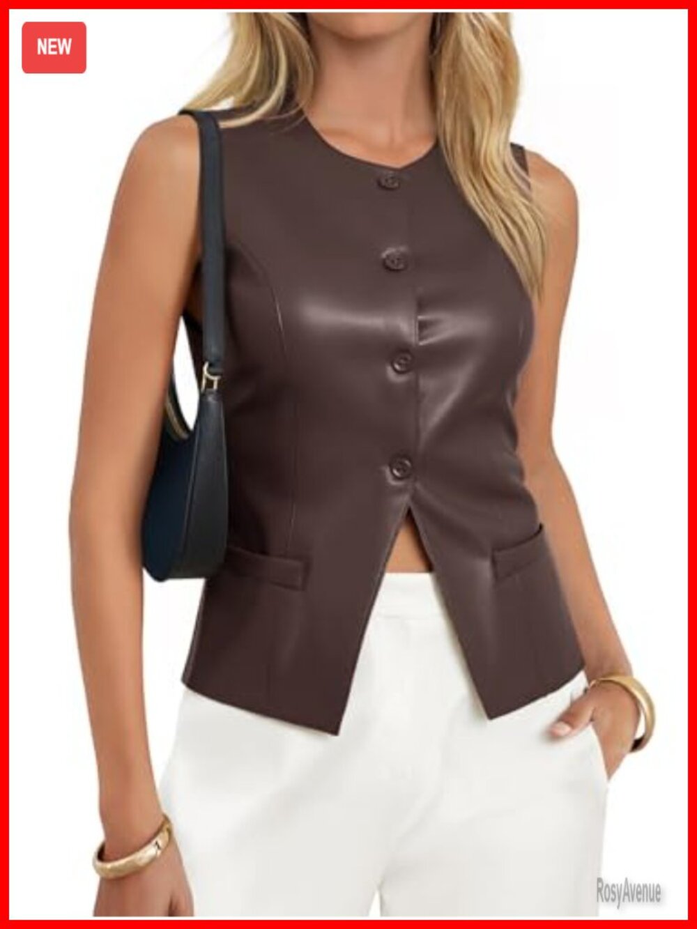 Womens Faux Leather Vest Button Down Sleeveless Fitted Waistcoat